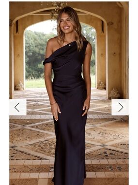 Asymmetric One-Shoulder Navy Satin Gown